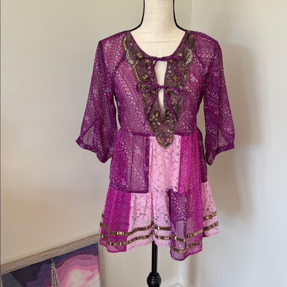 Free People Purple and Pink Sheer Tunic Top
